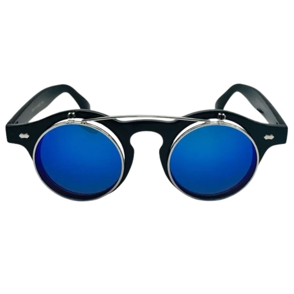 6112 | Blue Mirror Lens Flip Up Circle Sunglasses